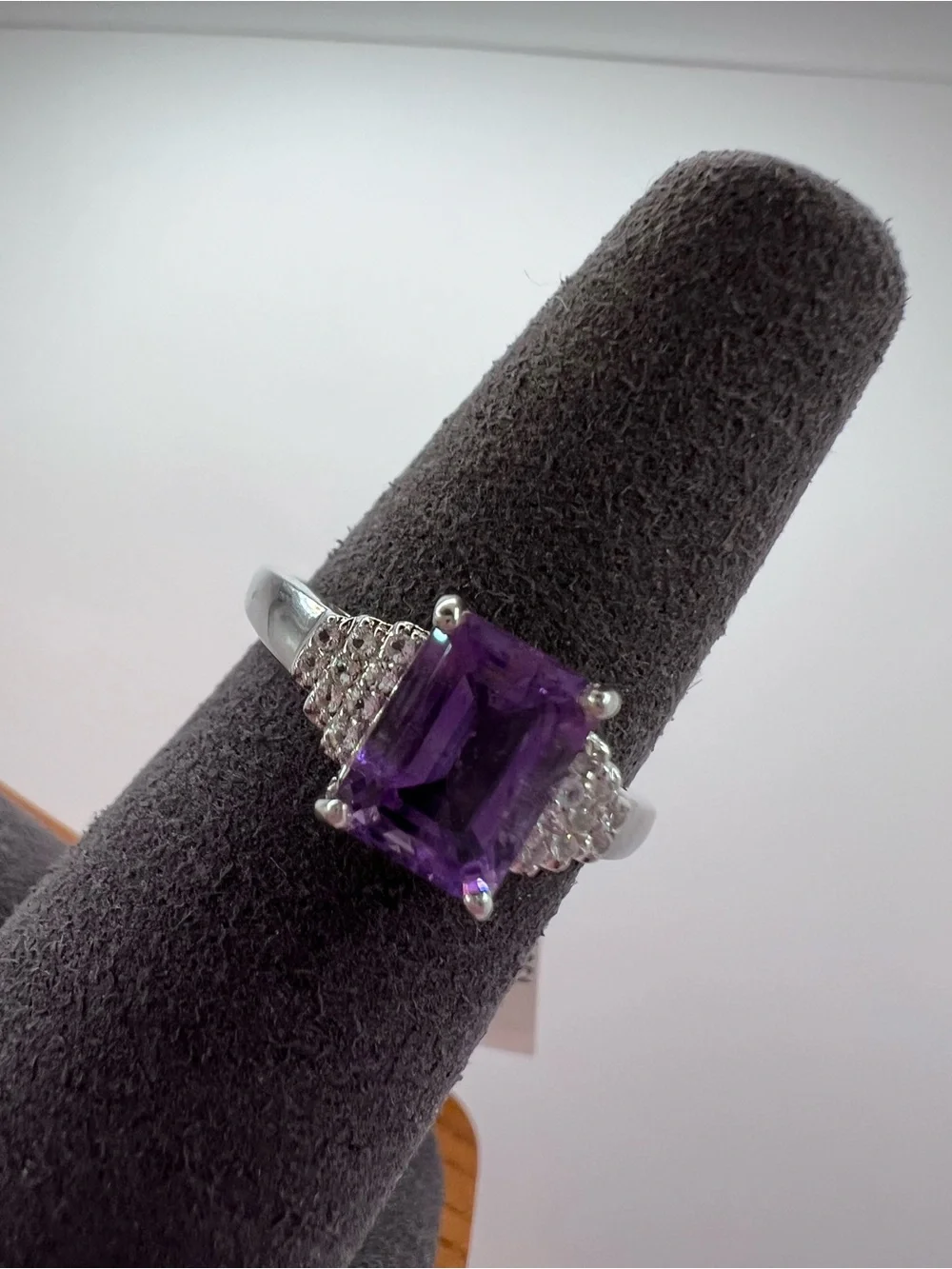 Genuine Amethyst Emerald-Cut Cocktail Ring set in .925 Sterling Silver - Size 7
